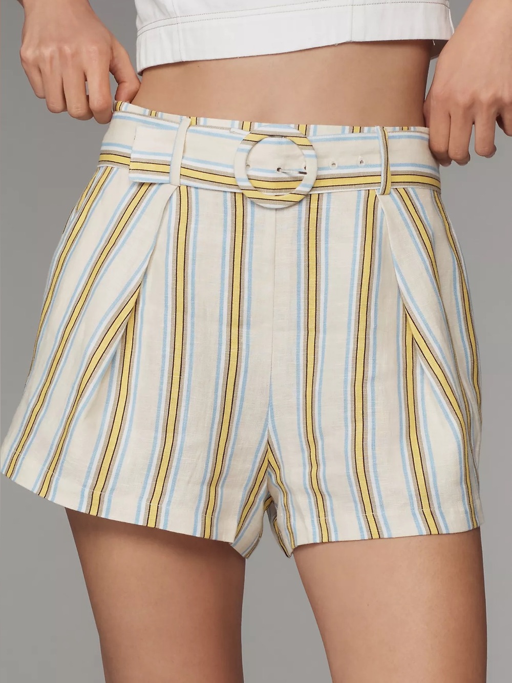 NWT Maeve Anthropologie Linen Striped Belted Shorts High Rise Yellow Blue Sz 0